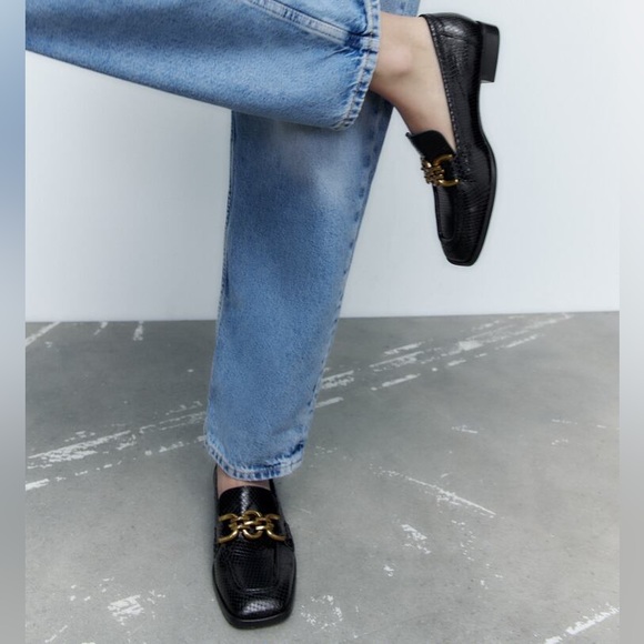 Zara Leather Black and Gold Animal Print Snakeskin Print Loafers - Picture 3 of 13